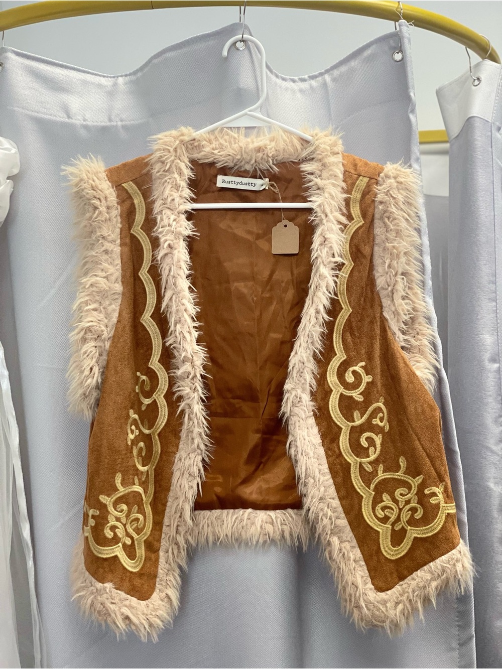 Rust Faux Fur-Trim Embroidered Vest by